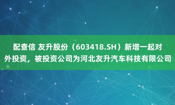 配查信 友升股份（603418.SH）新增一起对外投资，被投资公司为河北友升汽车科技有限公司